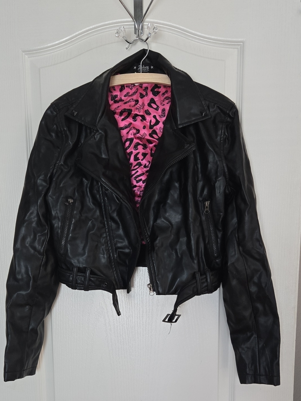 Abbey Dawn Black Faux Leather Moto Jacket with Pink Leopard Lining